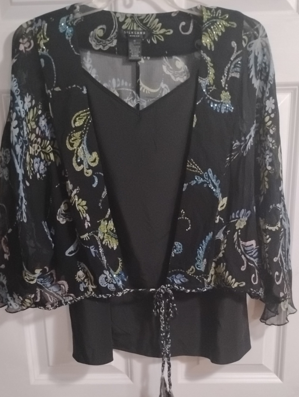 SilkLand Black Sheer Floral Tie-Front Tunic with Blue and Green Accents